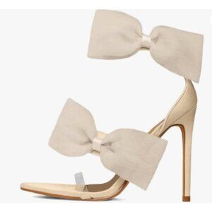 XYD Beige Open Pointed Toe Bowknots High Thin Heel Ankle Strap Sandals